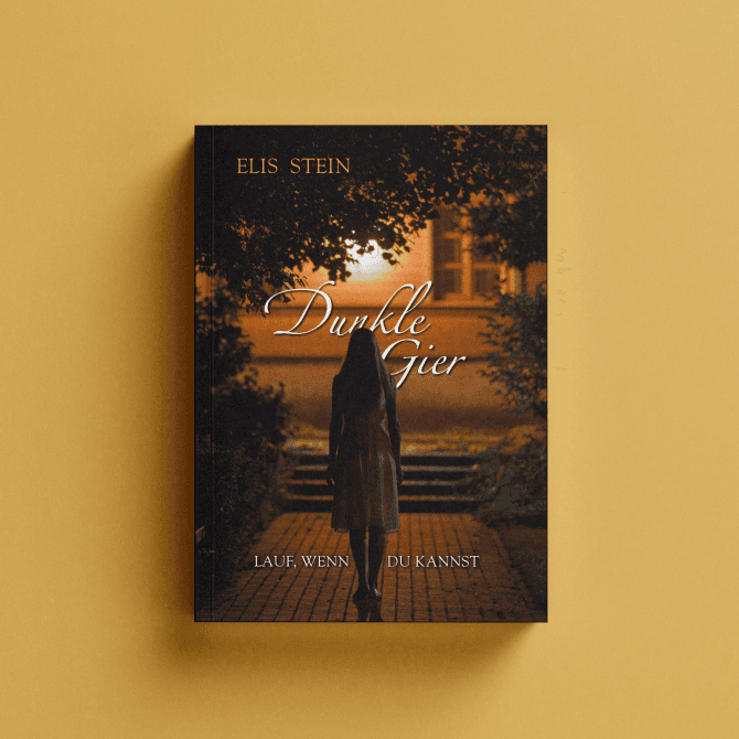 Buchcover-Ausschnitt mit Frauensilhouette auf herbstlichem Waldweg in warmen Braun- und Goldtönen, melancholisch-romantisch